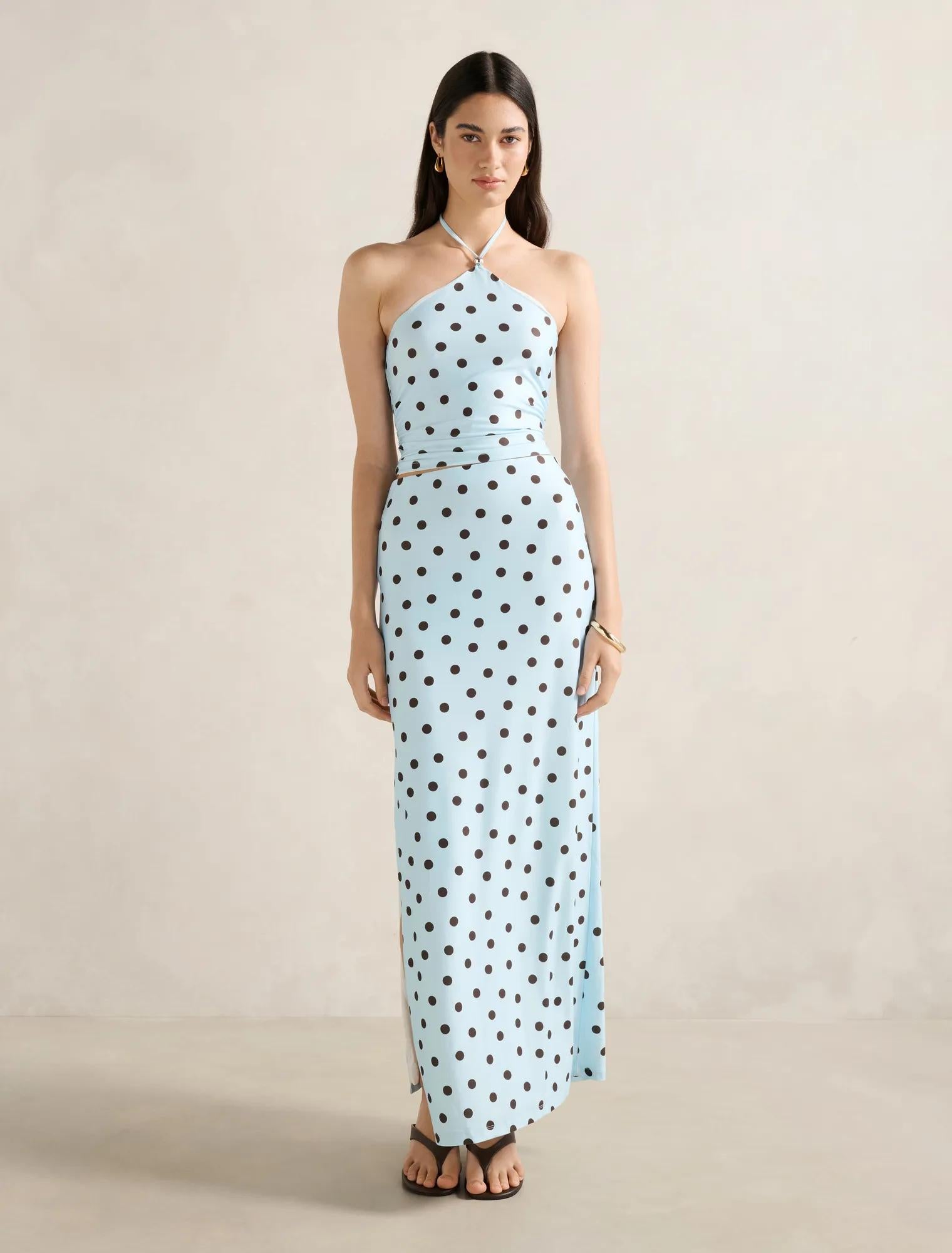 Bowie Tie Halter Top Blue Gia Spot co-ord