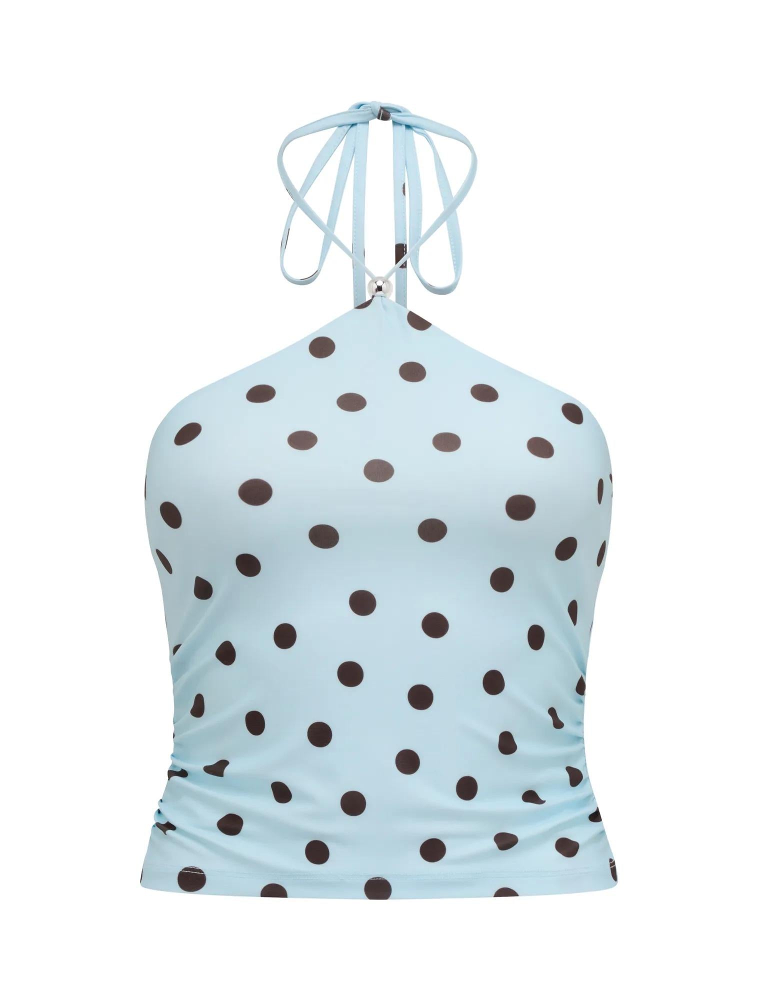 Bowie Tie Halter Top Blue Gia Spot co-ord_mannequin