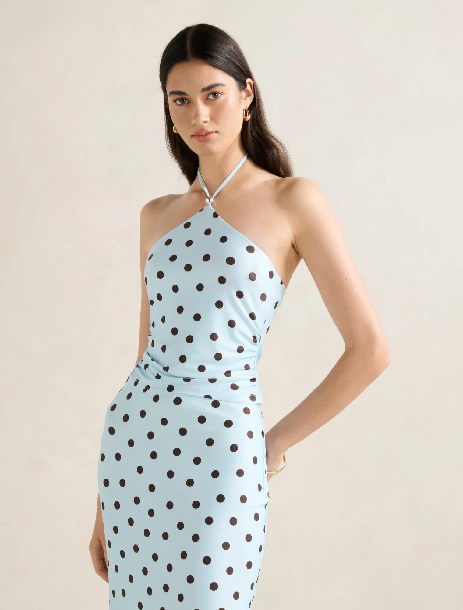 Bowie Tie Halter Top Blue Gia Spot co-ord