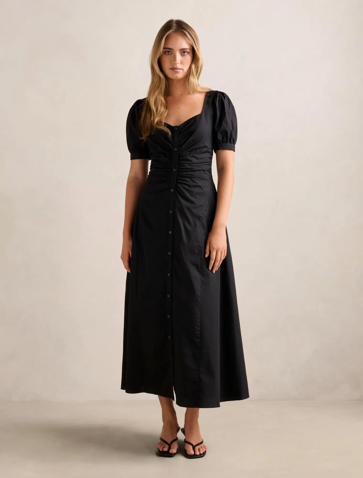 Taryn Gathered Front Midi Dress Black