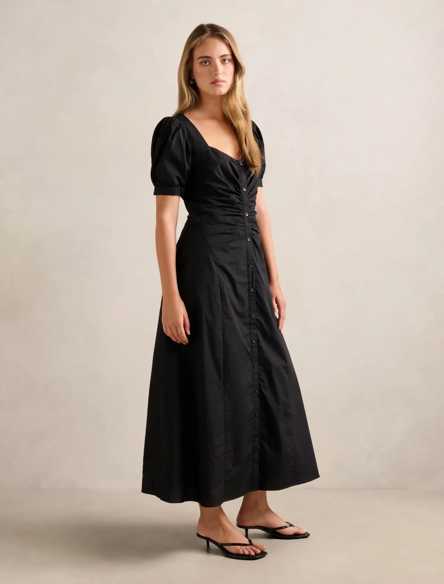 Taryn Gathered Front Midi Dress Black