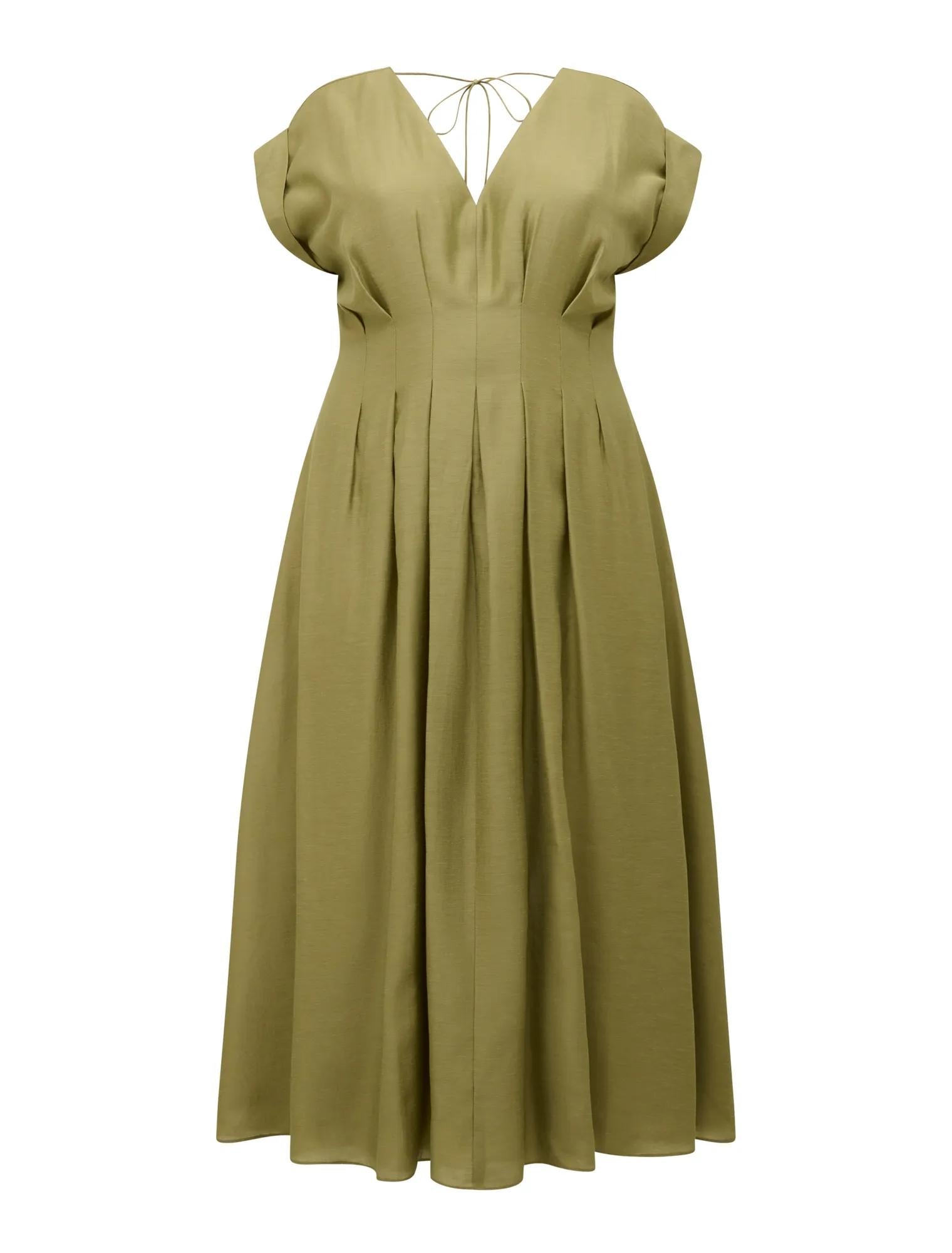 Alessandra Curve Tucked Midi Dress Green Olive
