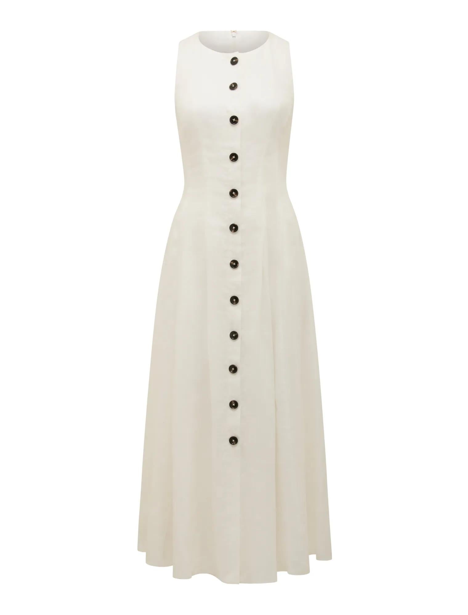 Pia Button Front Linen Midi Dress Porcelain_mannequin