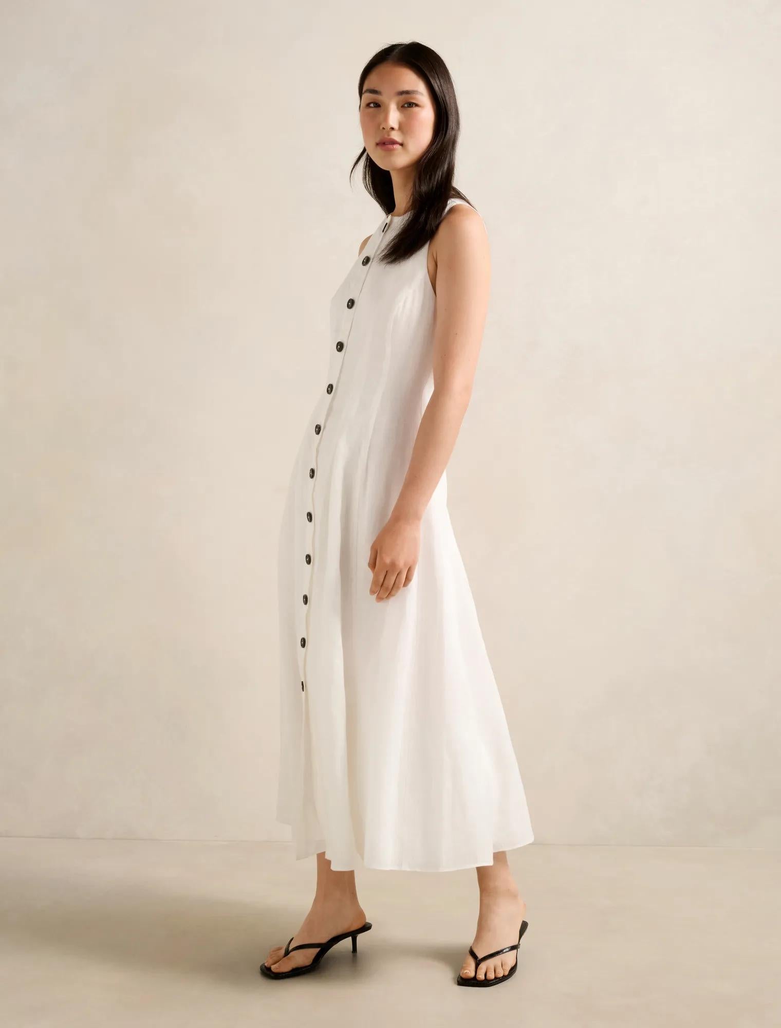 Pia Button Front Linen Midi Dress Porcelain