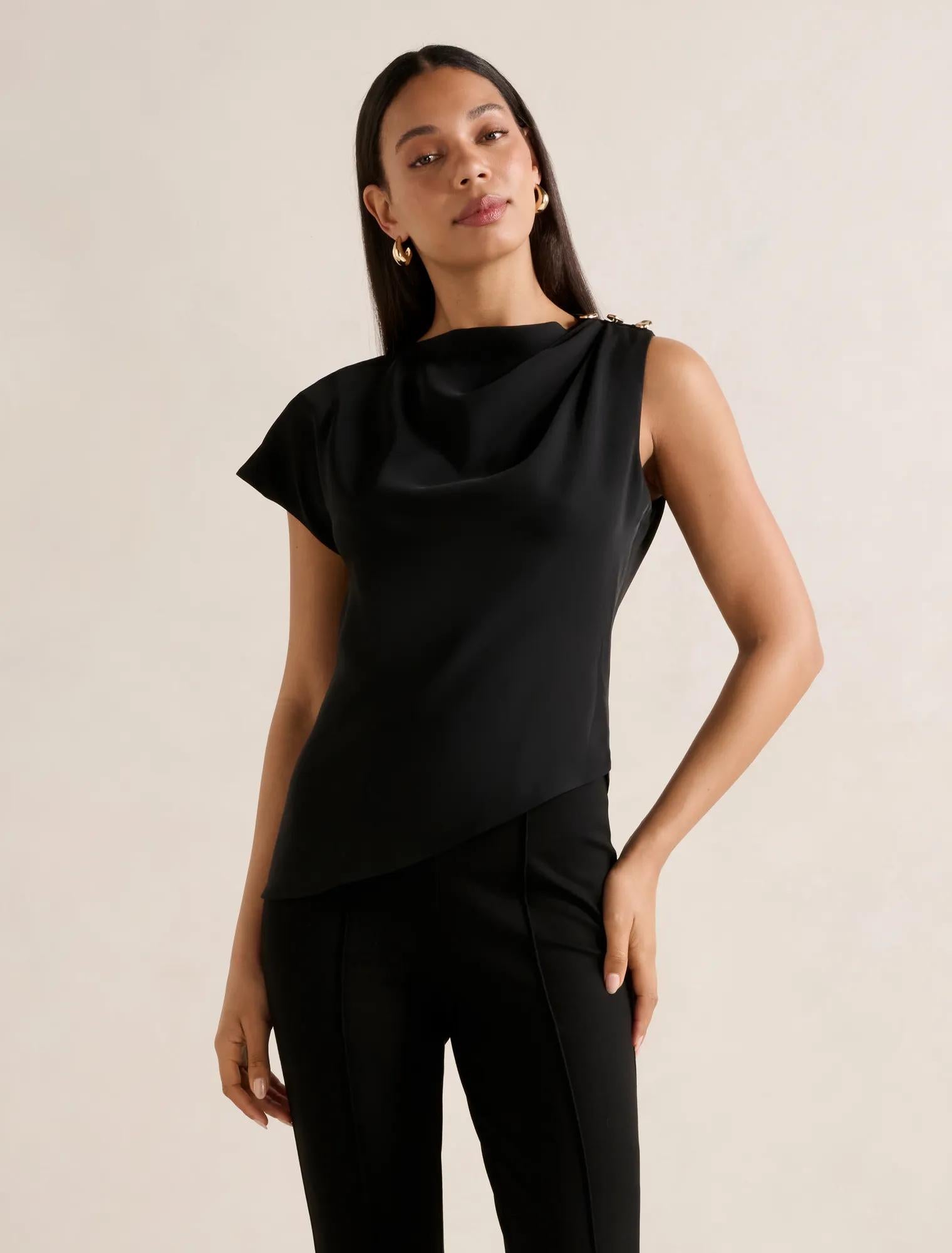 Aubery Asymmetric Draped Top Black