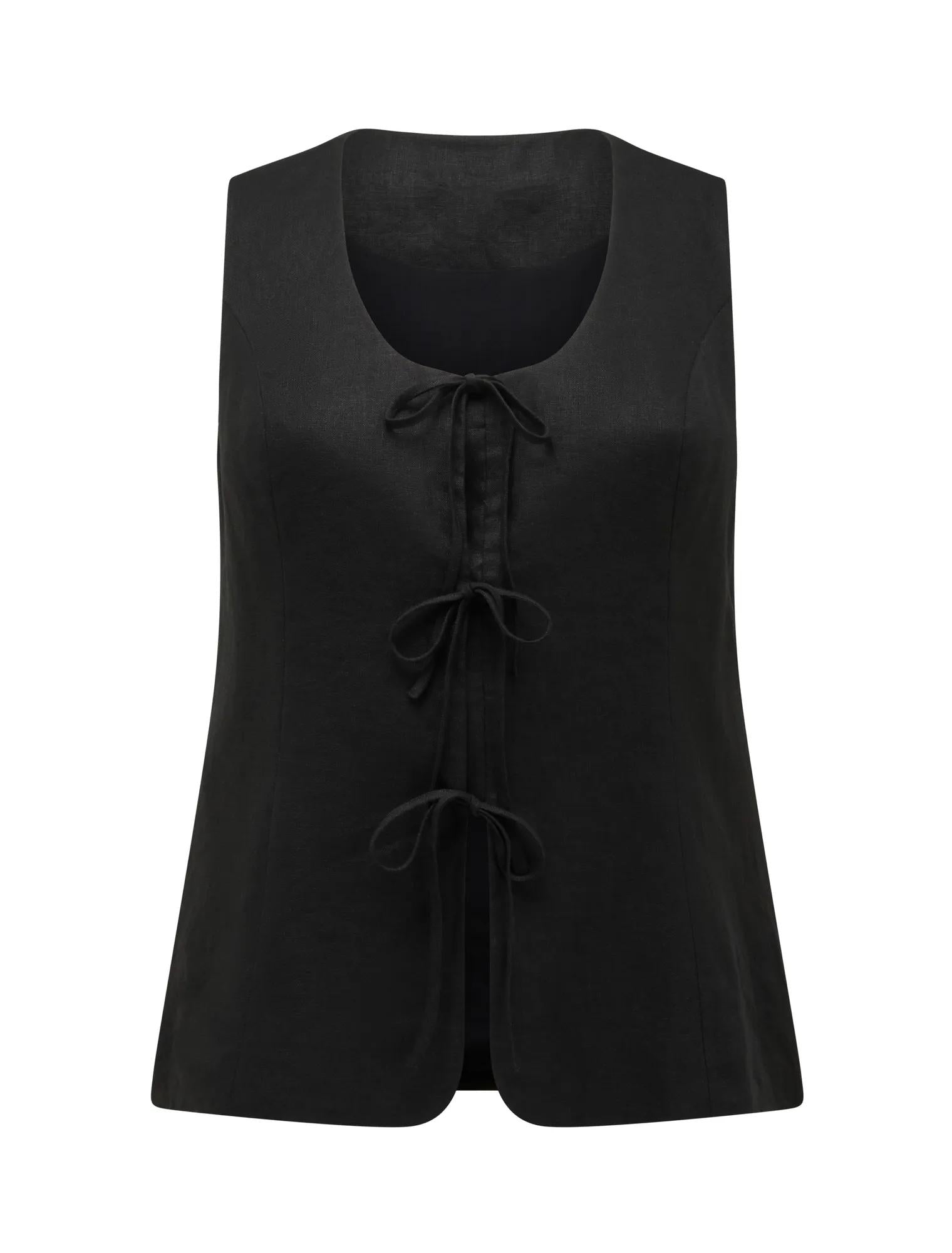 Tia Curve Tie Front Waistcoat Black_mannequin