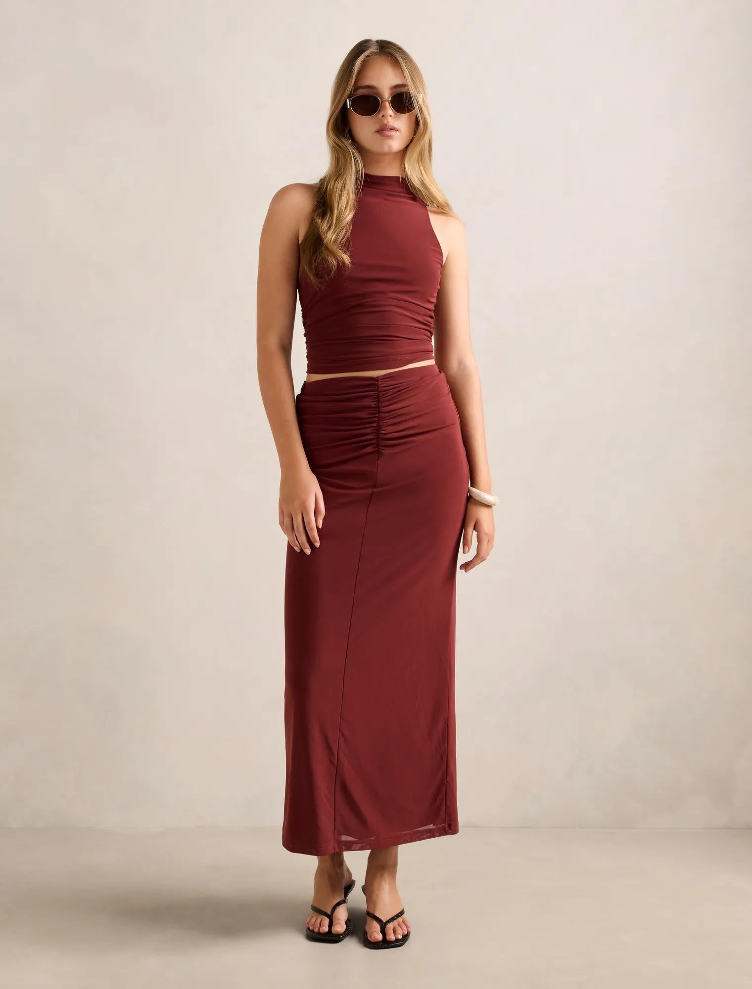 Savannah Ruched Mesh Top Rosewood Co-ord