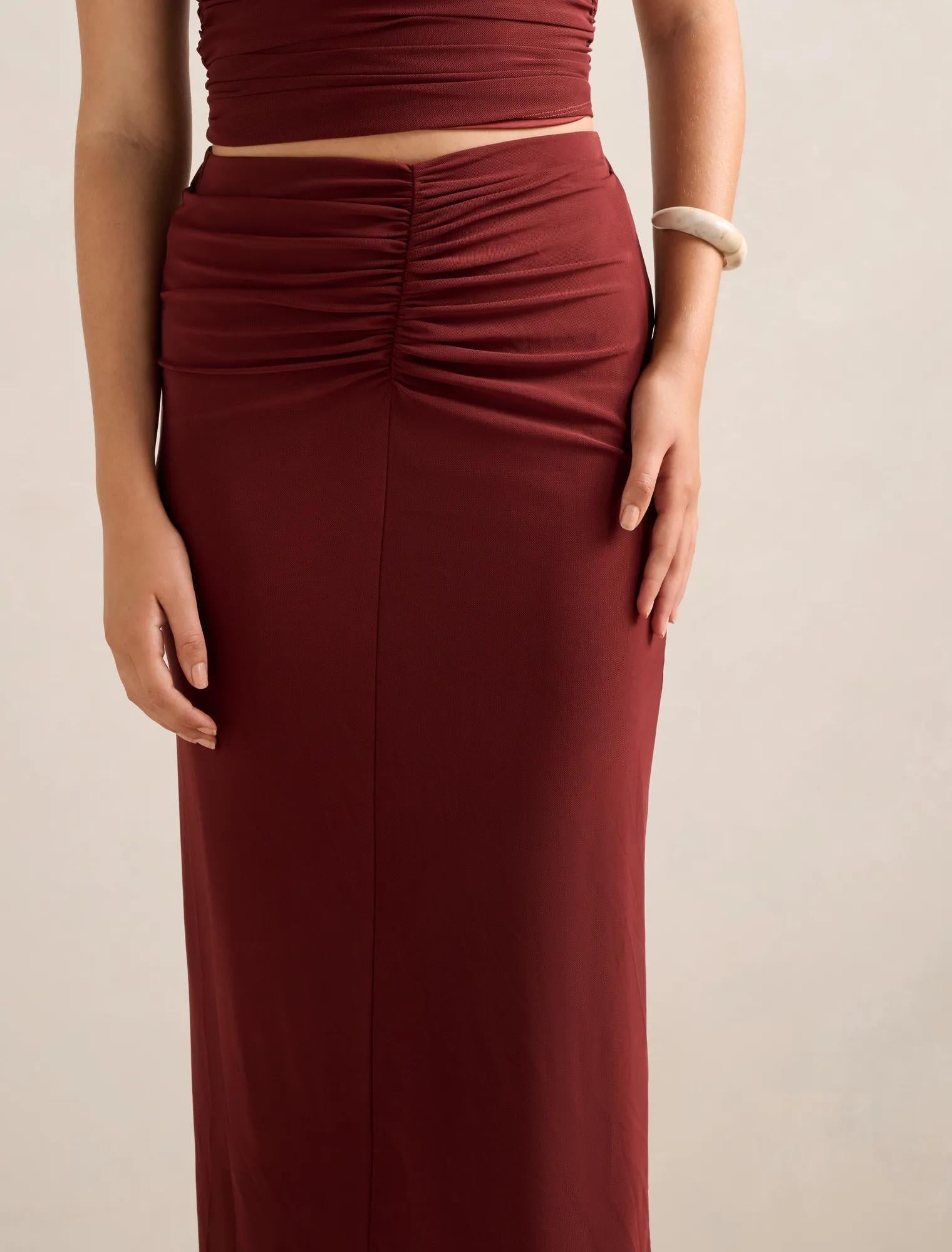 Savannah Ruched Mesh Skirt Rosewood Co-ord