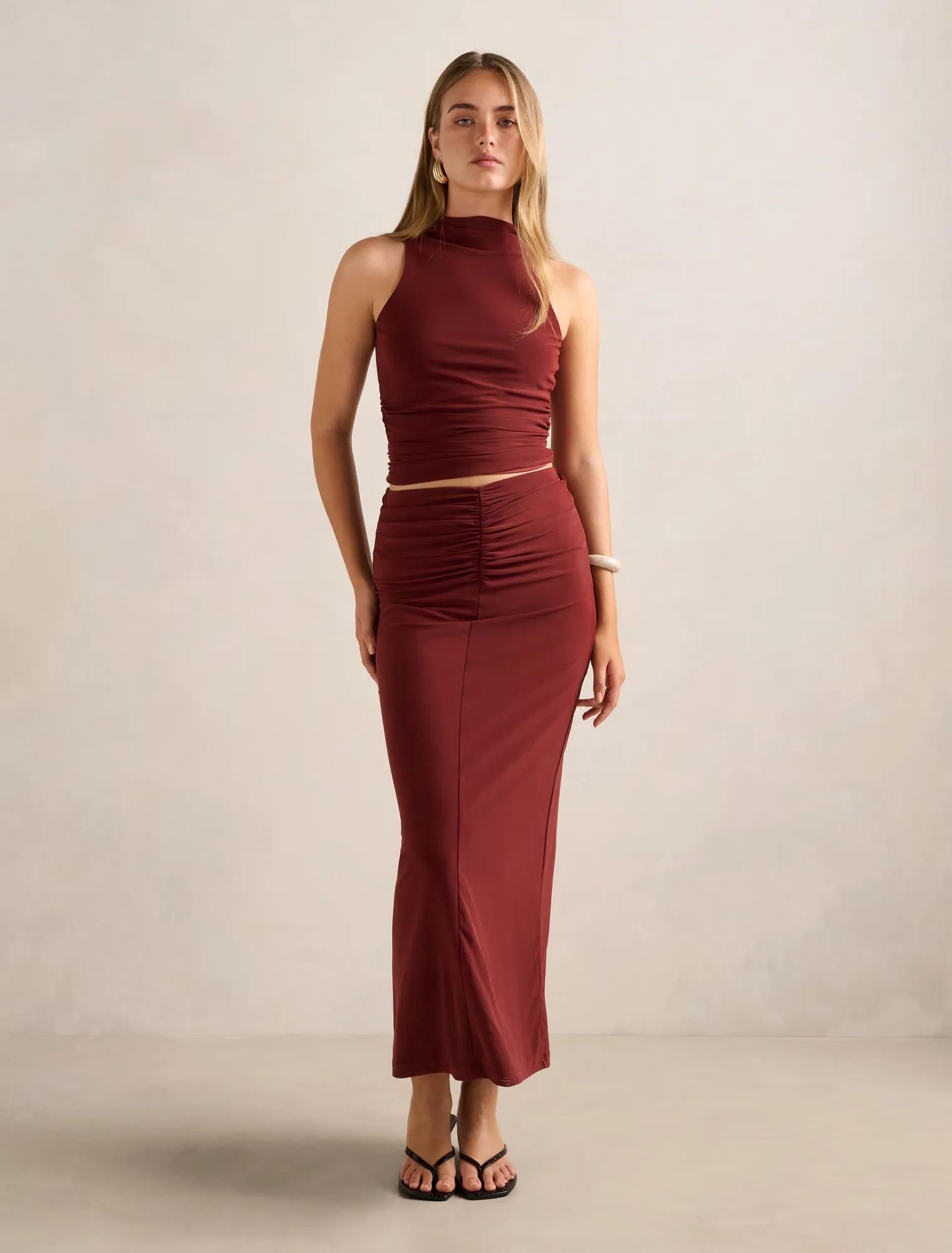 Savannah Ruched Mesh Skirt Rosewood Co-ord