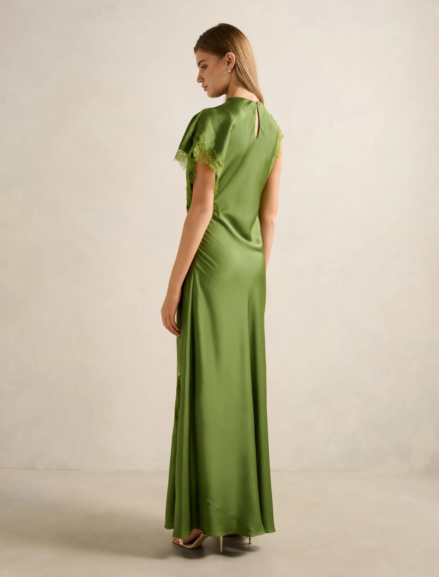 Kody Satin Lace Asymmetric Dress Olive Green