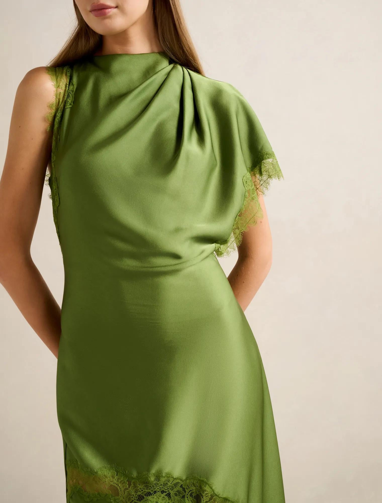 Kody Satin Lace Asymmetric Dress Olive Green