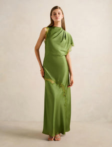 Kody Satin Lace Asymmetric Dress Olive Green