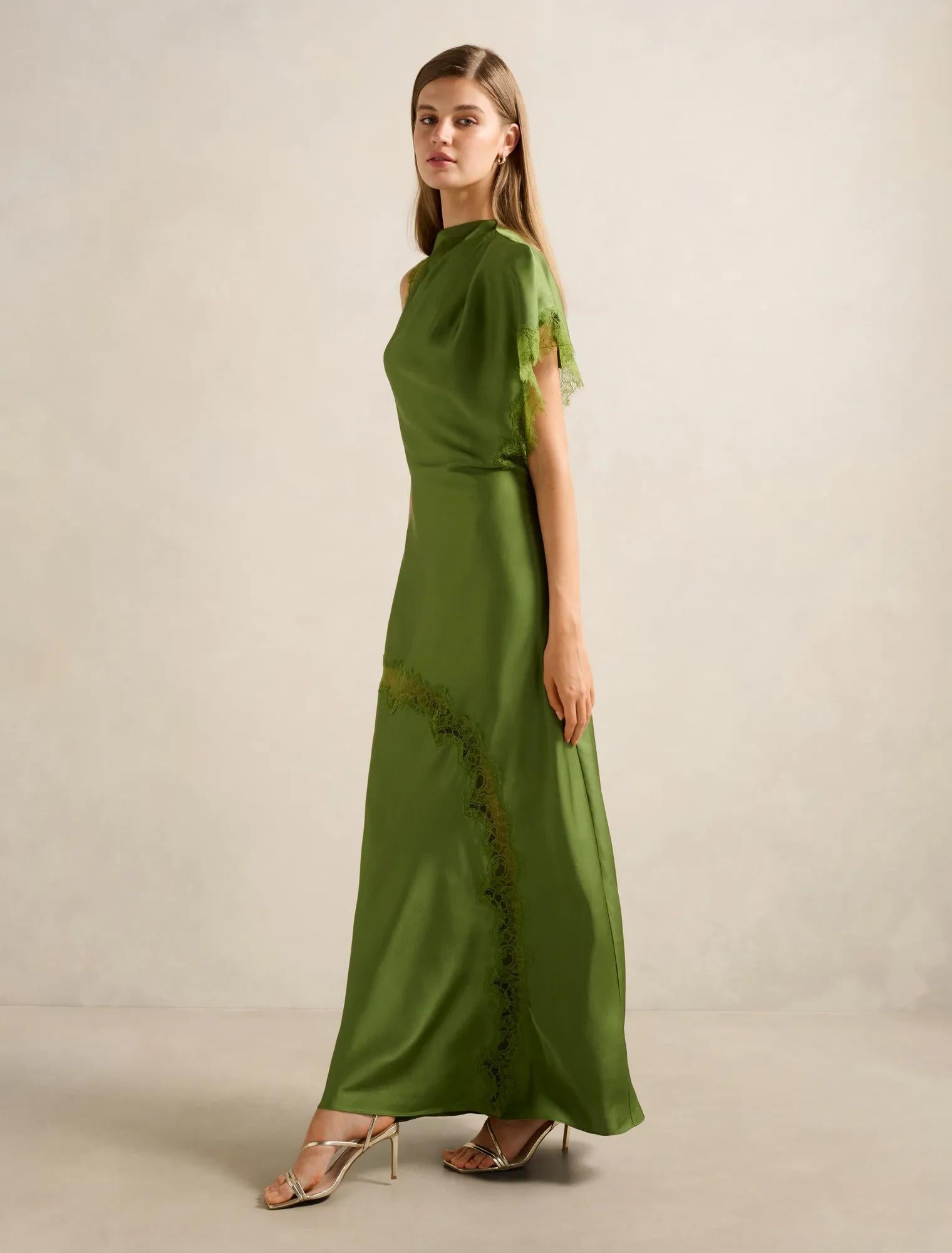 Kody Satin Lace Asymmetric Dress Olive Green