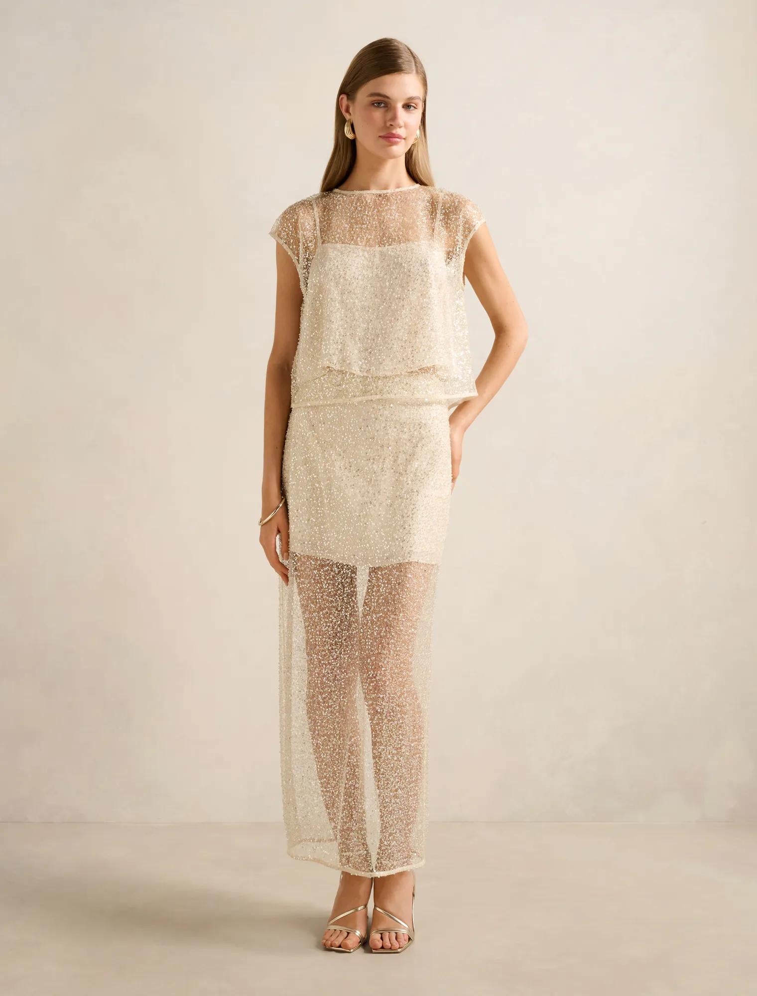 Gianna Embellished Top Almond White Co-ord