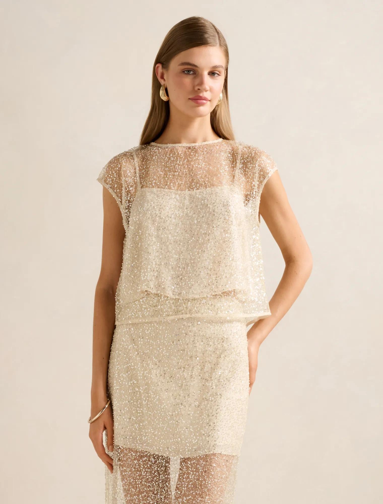 Gianna Embellished Top Almond White Co-ord