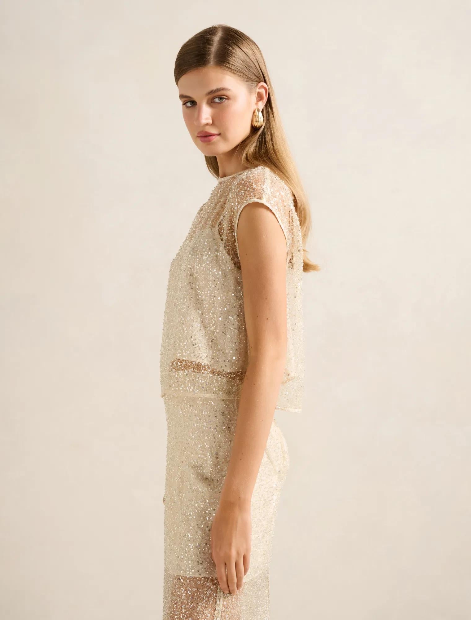 Gianna Embellished Top Almond White Co-ord