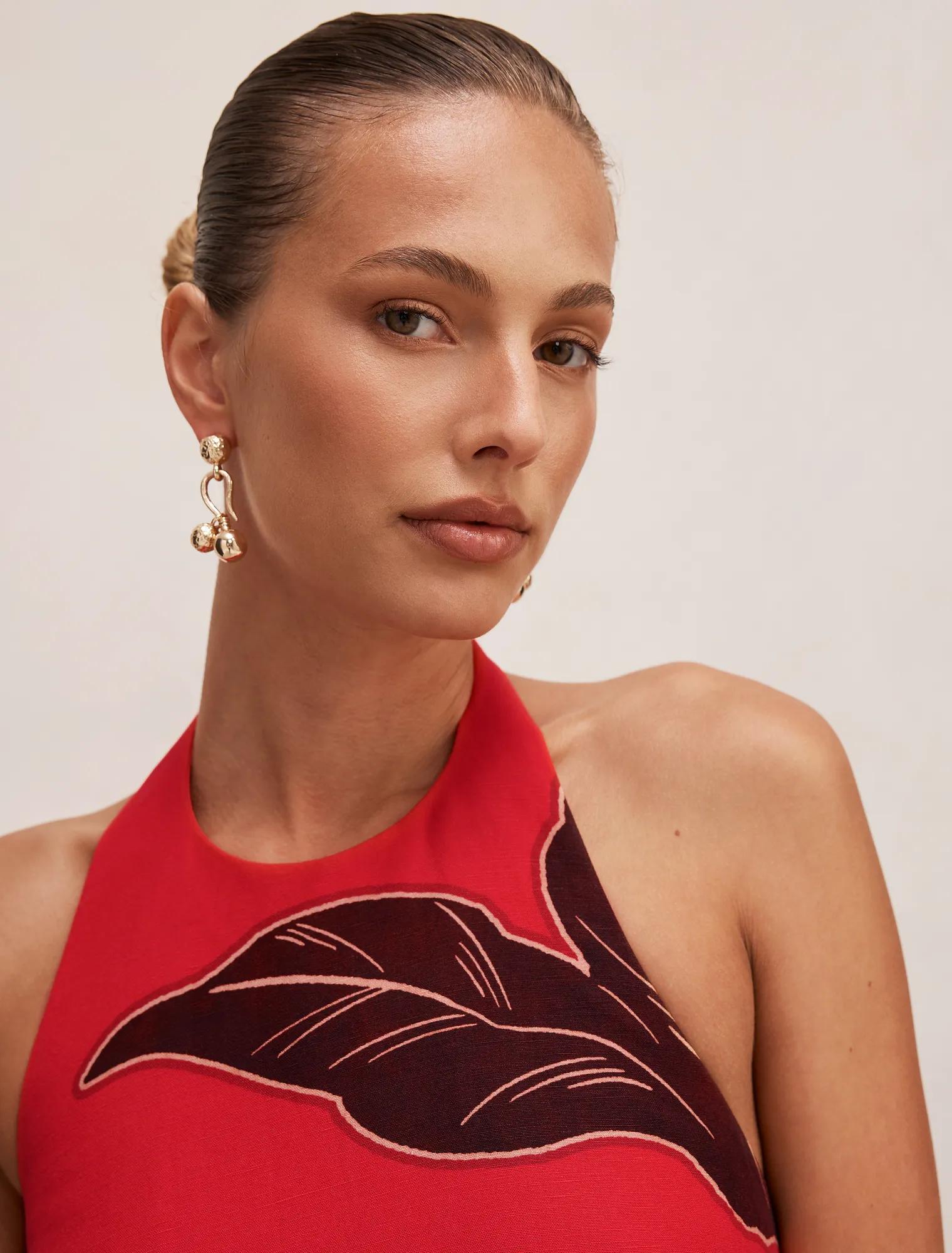 Corinna Printed Linen Halter Mini Dress Red Dryden