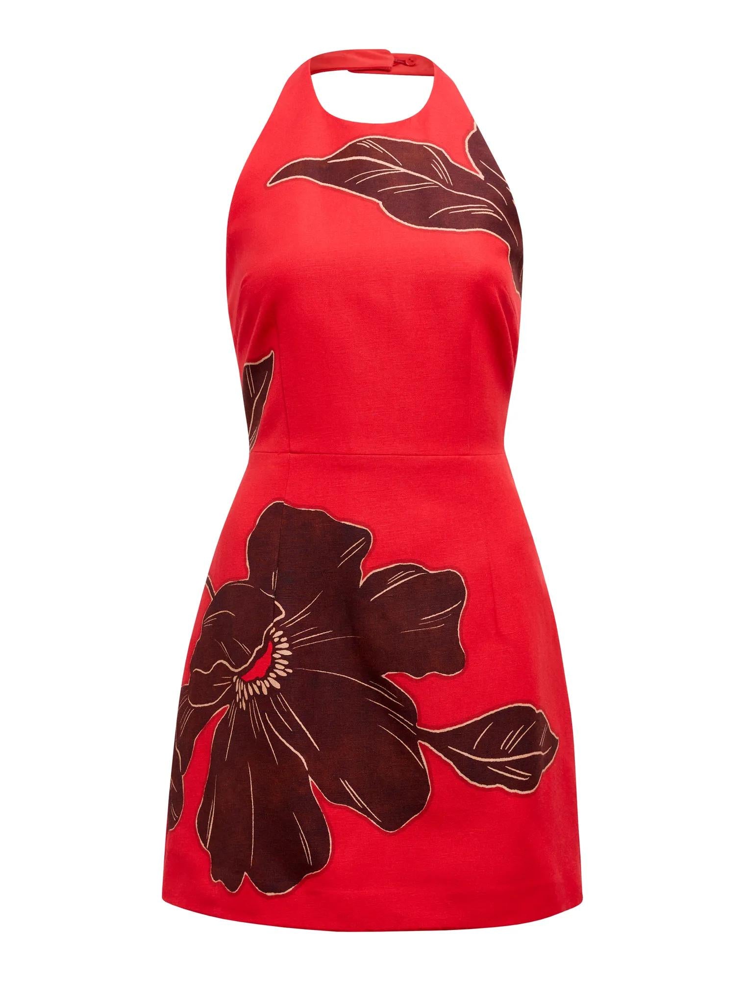 Corinna Printed Linen Halter Mini Dress Red Dryden_mannequin