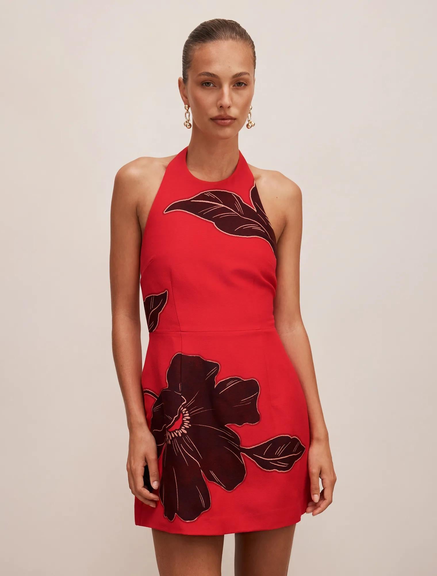 Corinna Printed Linen Halter Mini Dress Red Dryden