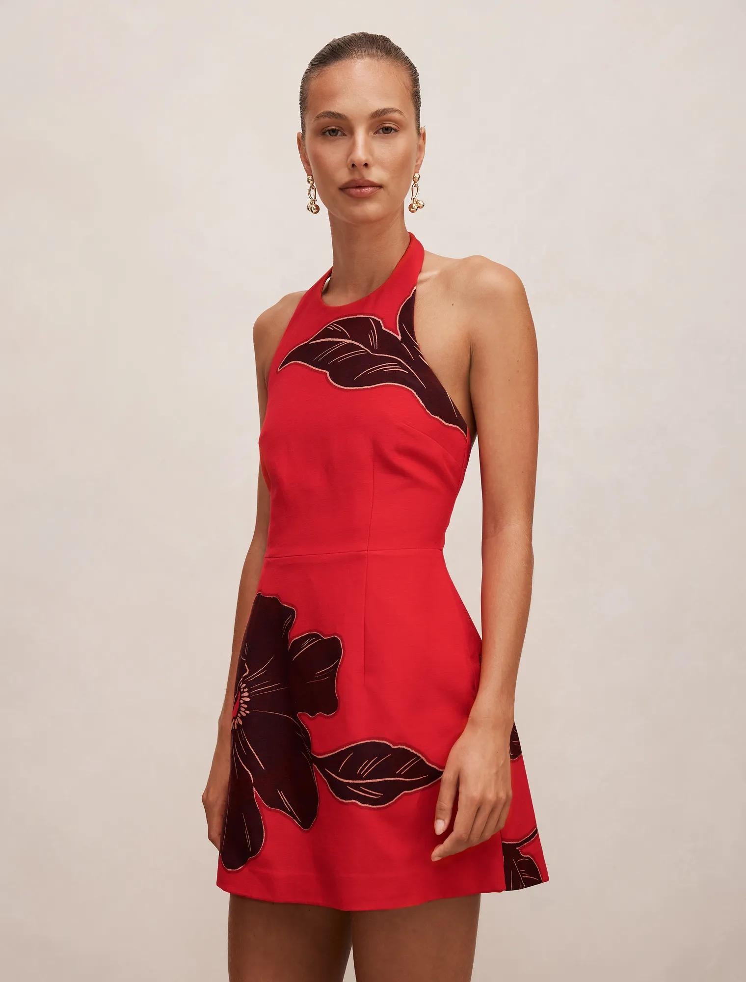 Corinna Printed Linen Halter Mini Dress Red Dryden