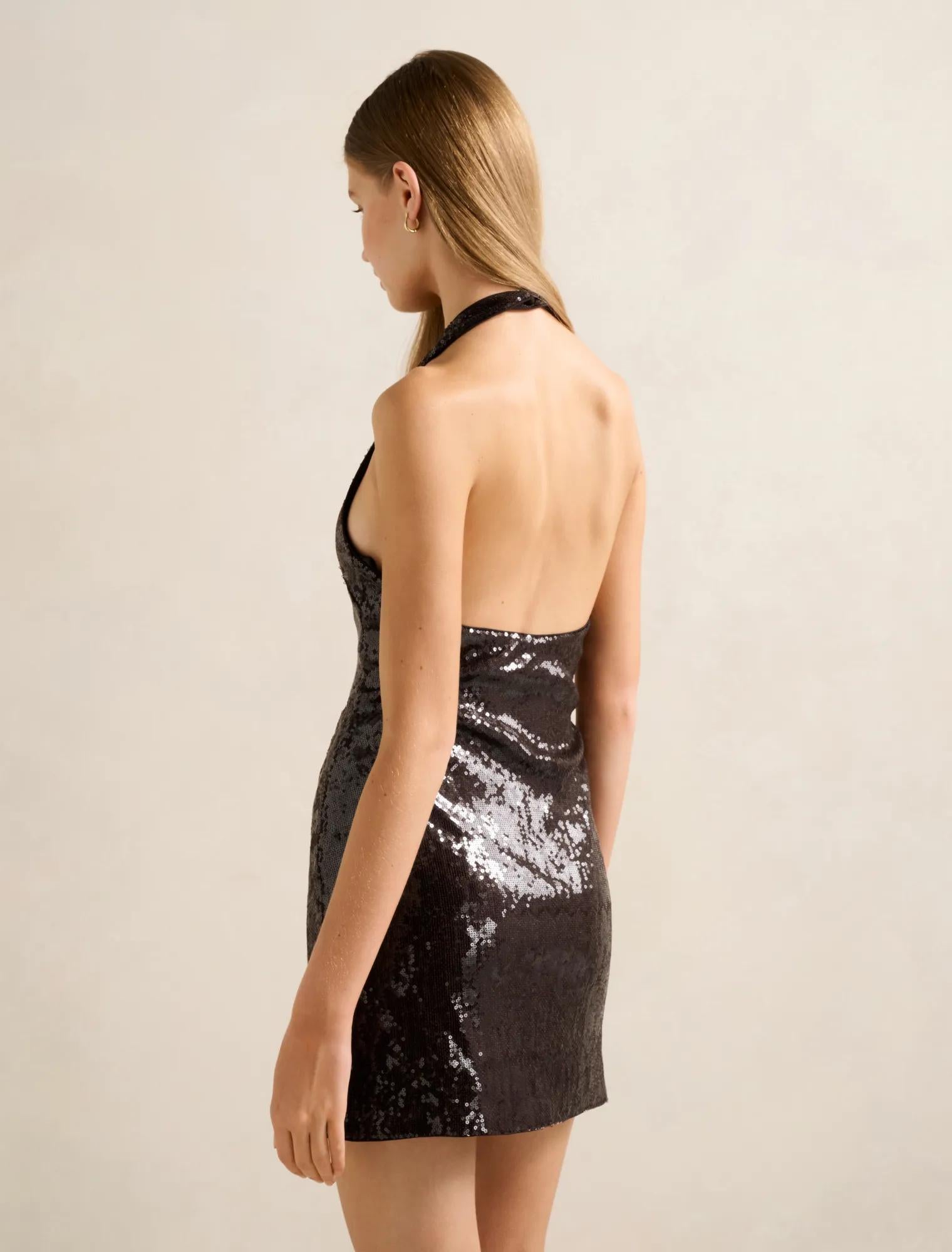 Tate Sequin Halter Mini Dress Chocolate