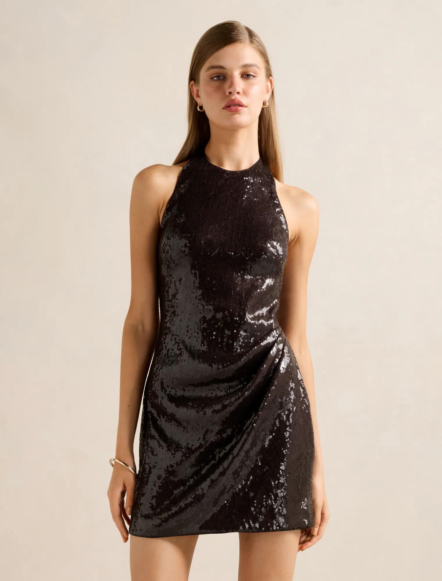 Tate Sequin Halter Mini Dress Chocolate