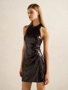 Tate Sequin Halter Mini Dress Chocolate