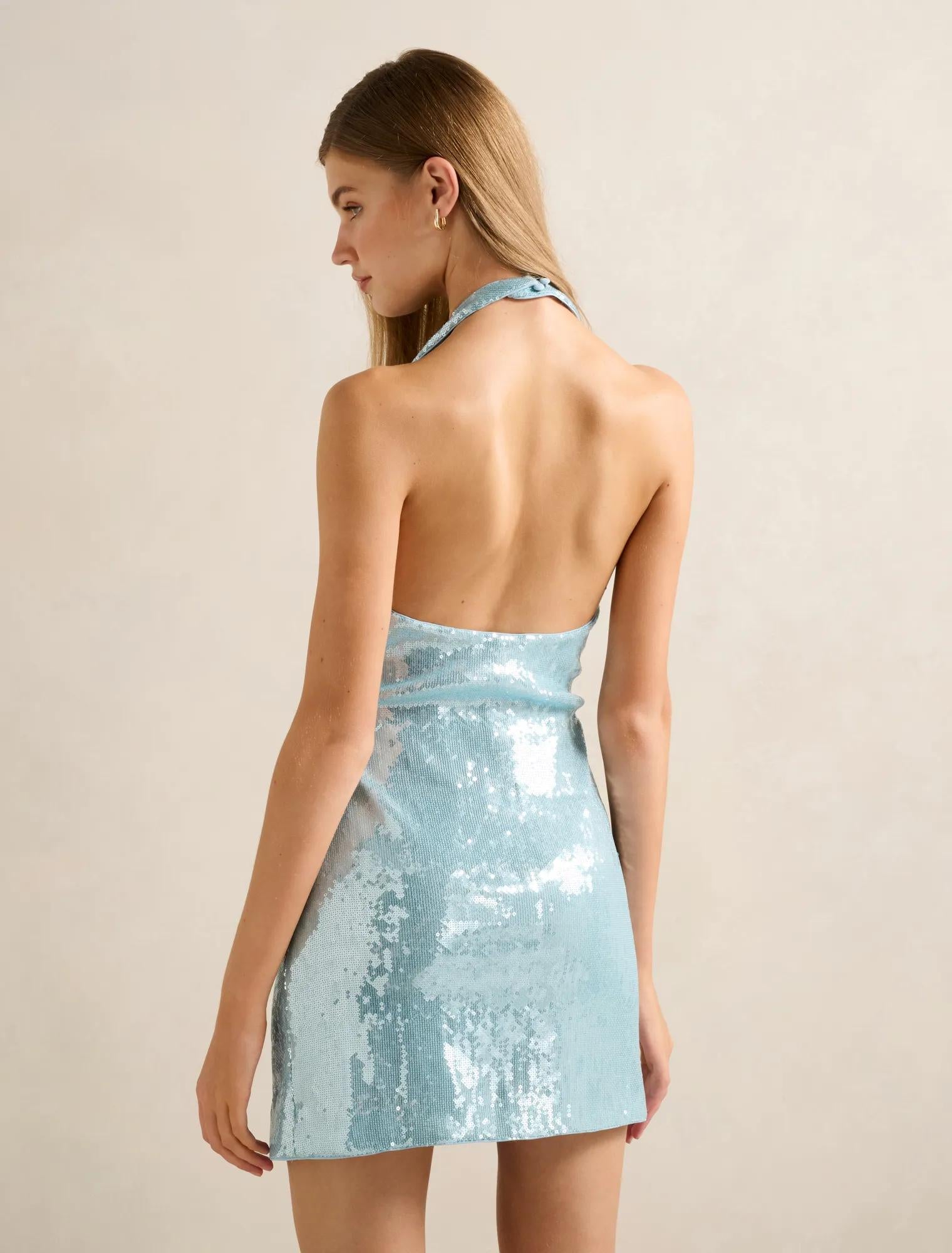 Tate Sequin Halter Mini Dress Soft Blue