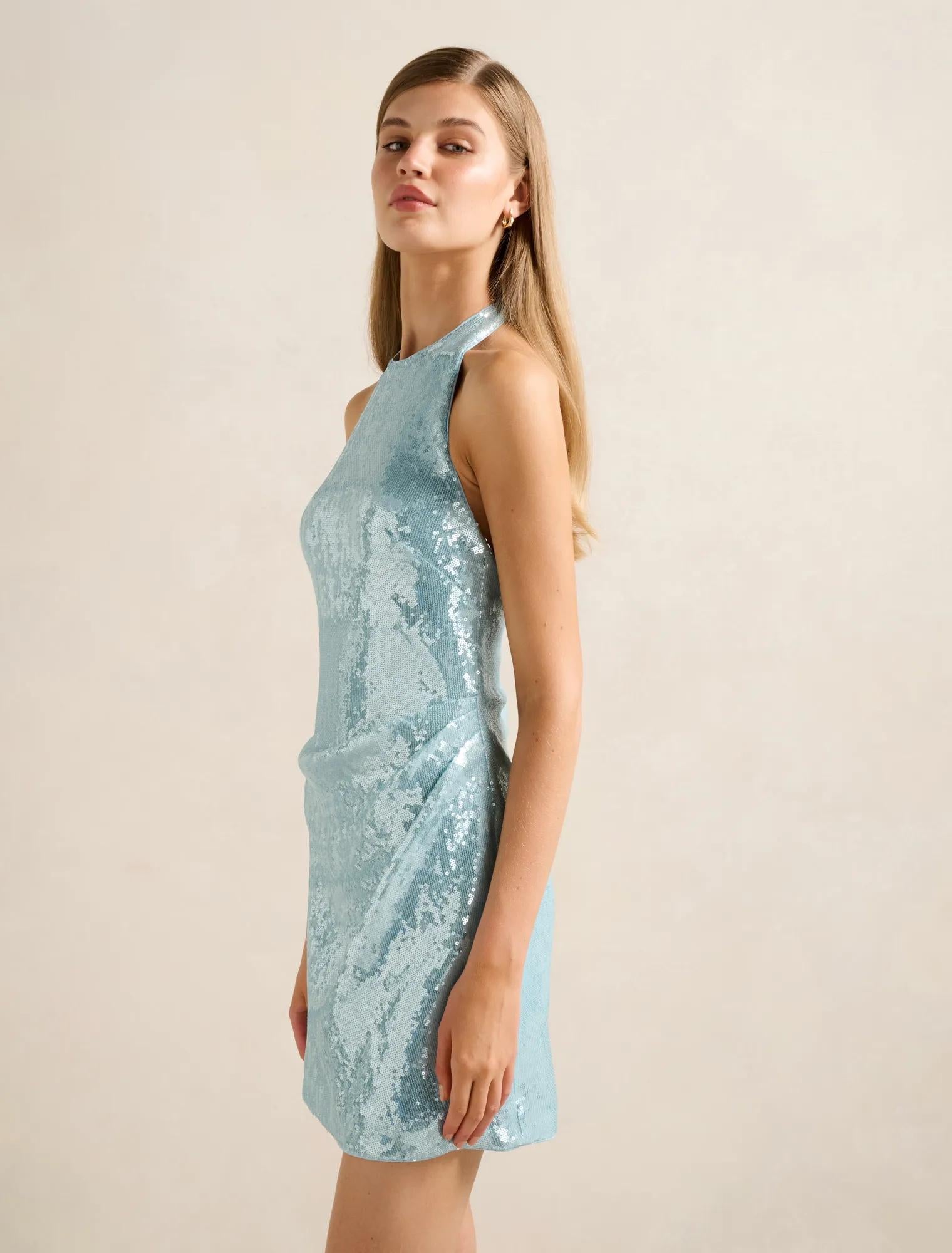 Tate Sequin Halter Mini Dress Soft Blue
