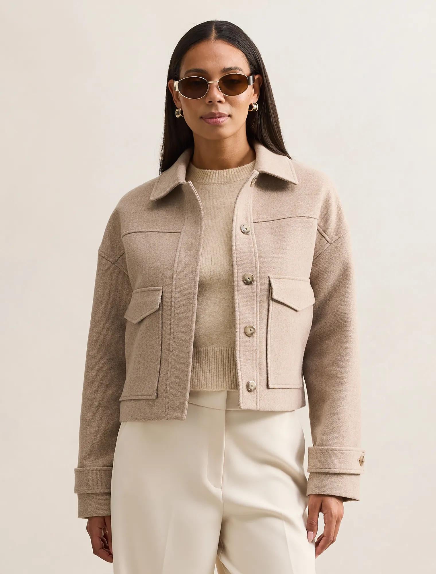 Kelsey Cropped Jacket Beige Herringbone