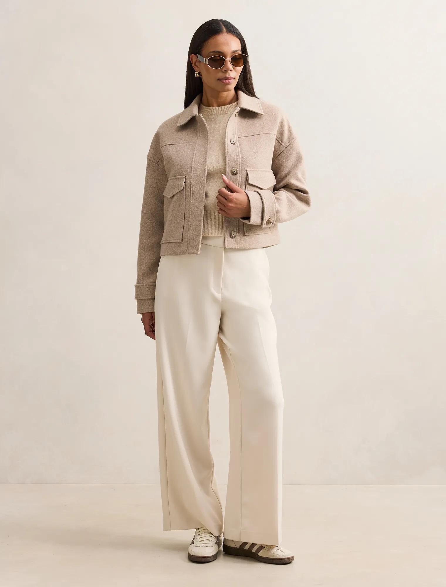 Kelsey Cropped Jacket Beige Herringbone