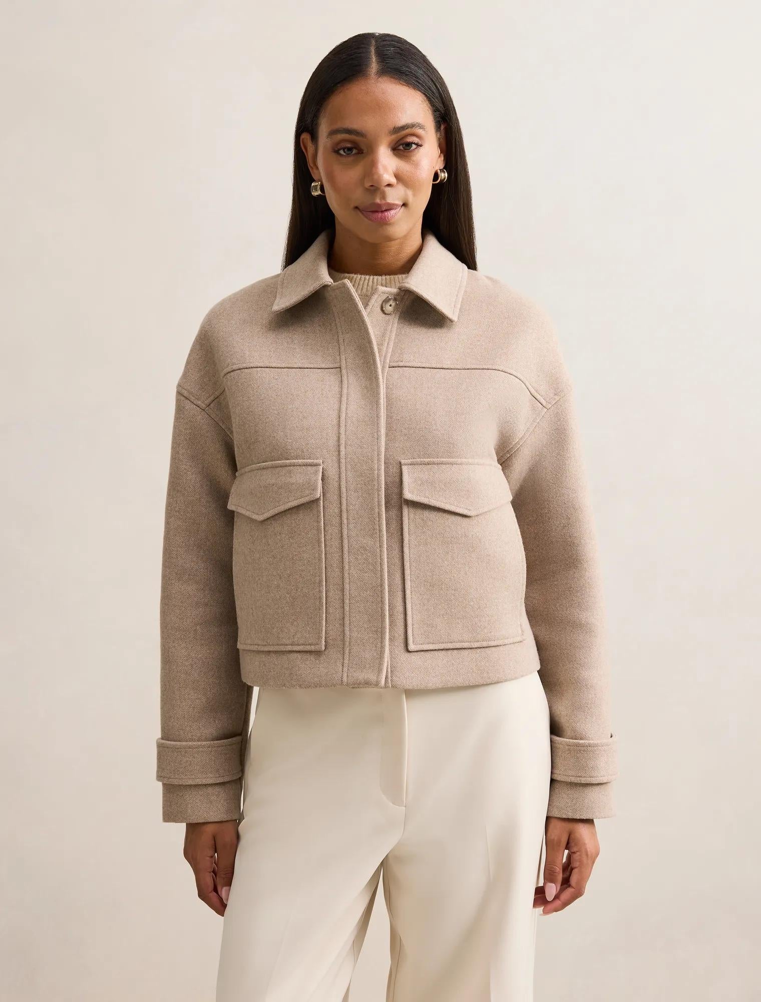 Kelsey Cropped Jacket Beige Herringbone