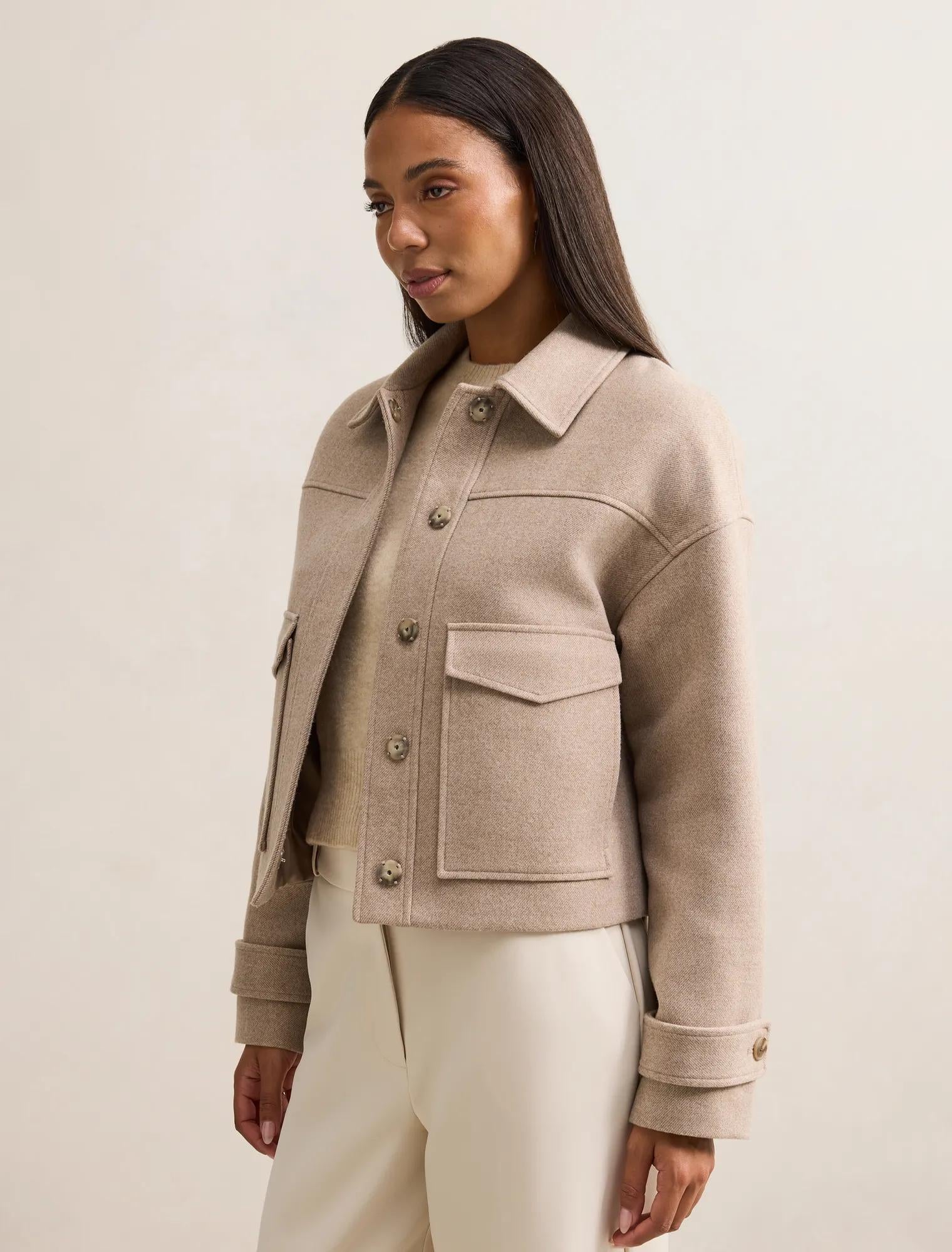 Kelsey Cropped Jacket Beige Herringbone