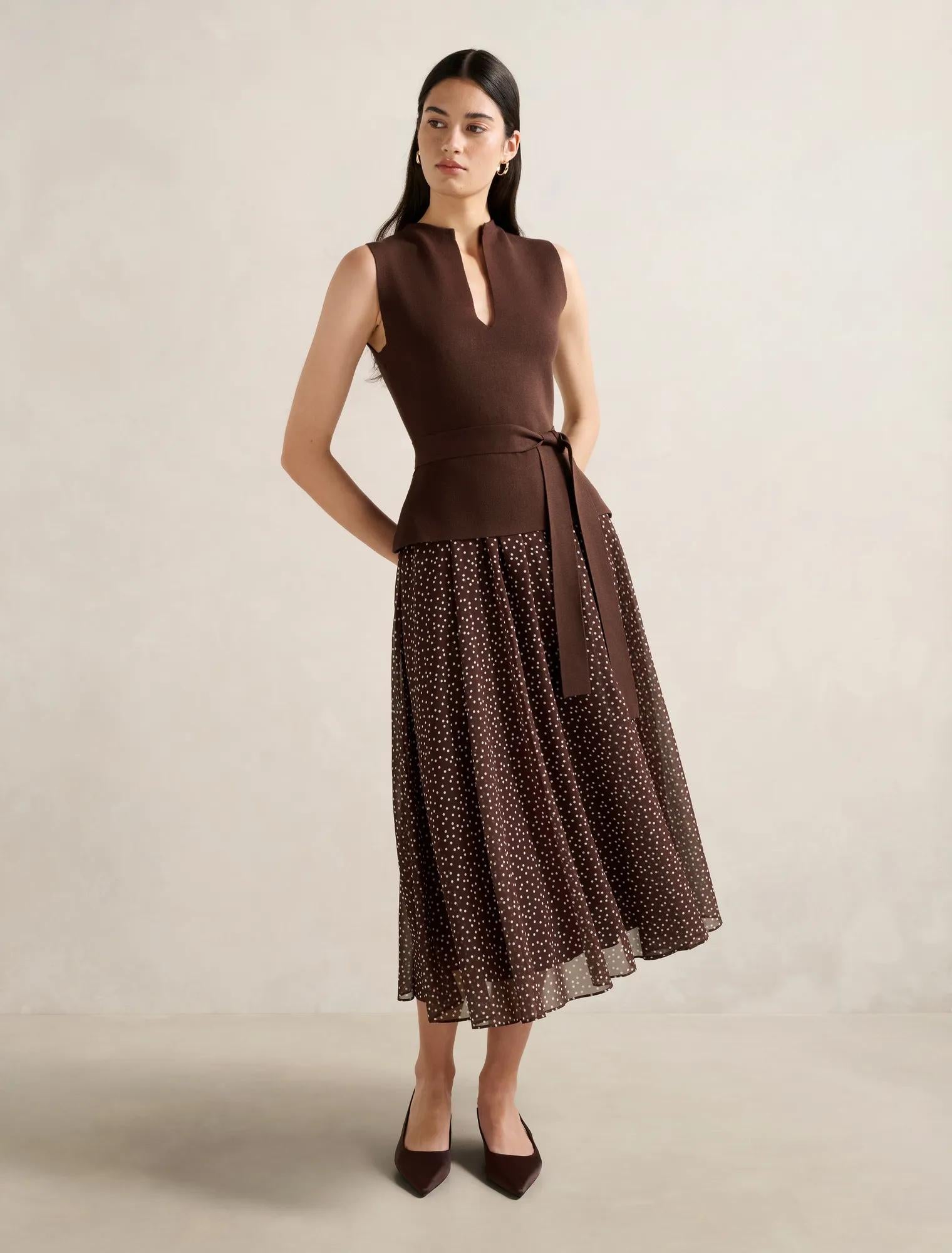 Catherine Woven Mix Knit Dress Choc Kinsey Spot