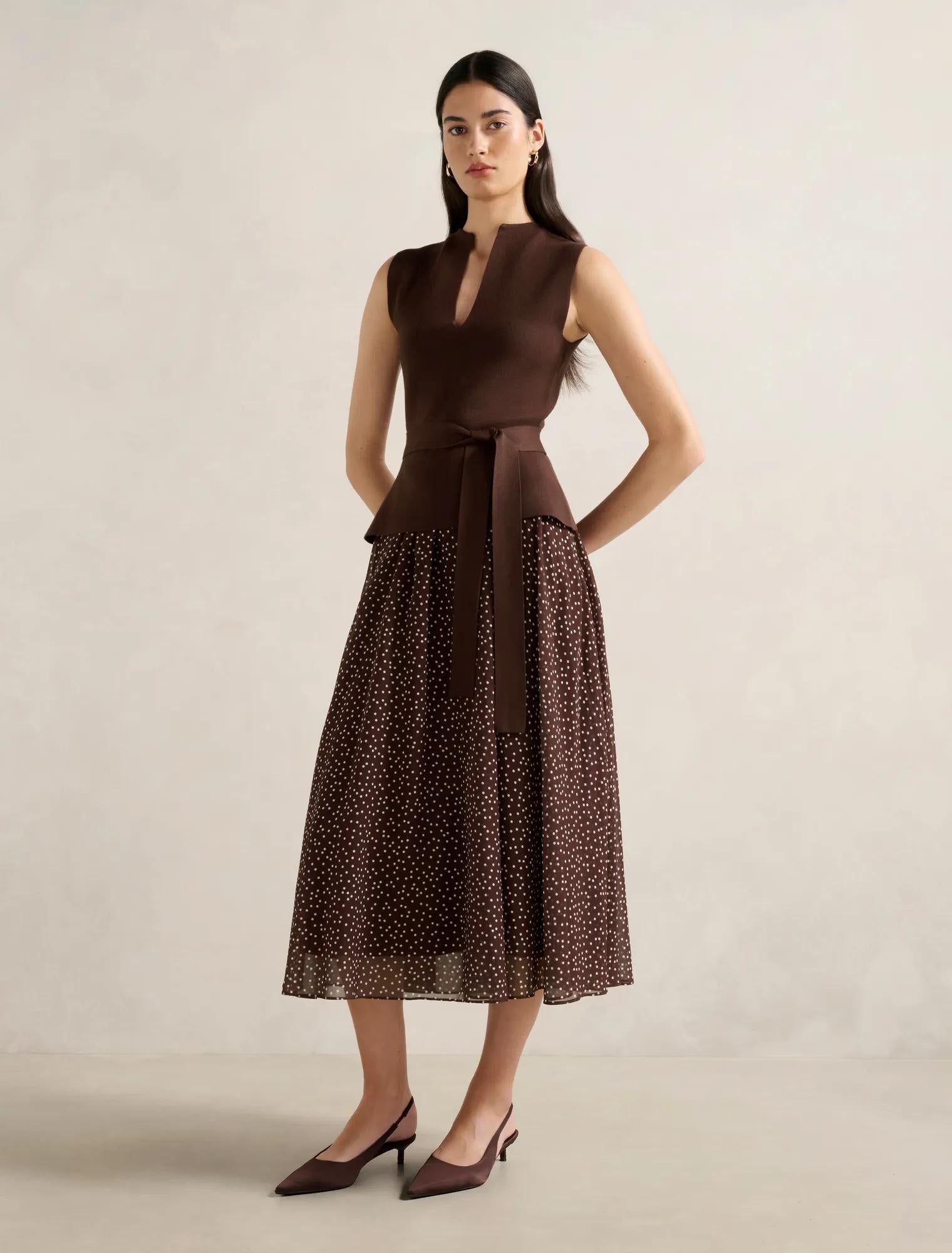 Catherine Woven Mix Knit Dress Choc Kinsey Spot