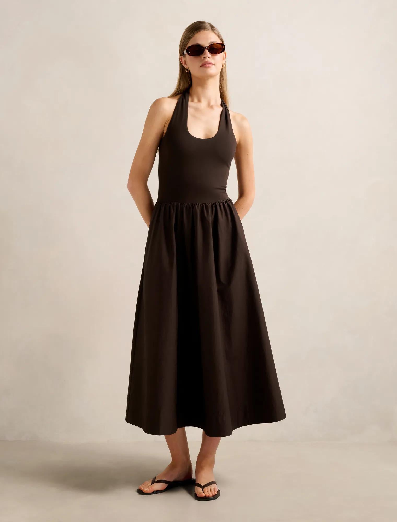 Margot 2-in-1 Halter Midi Dress Chocolate