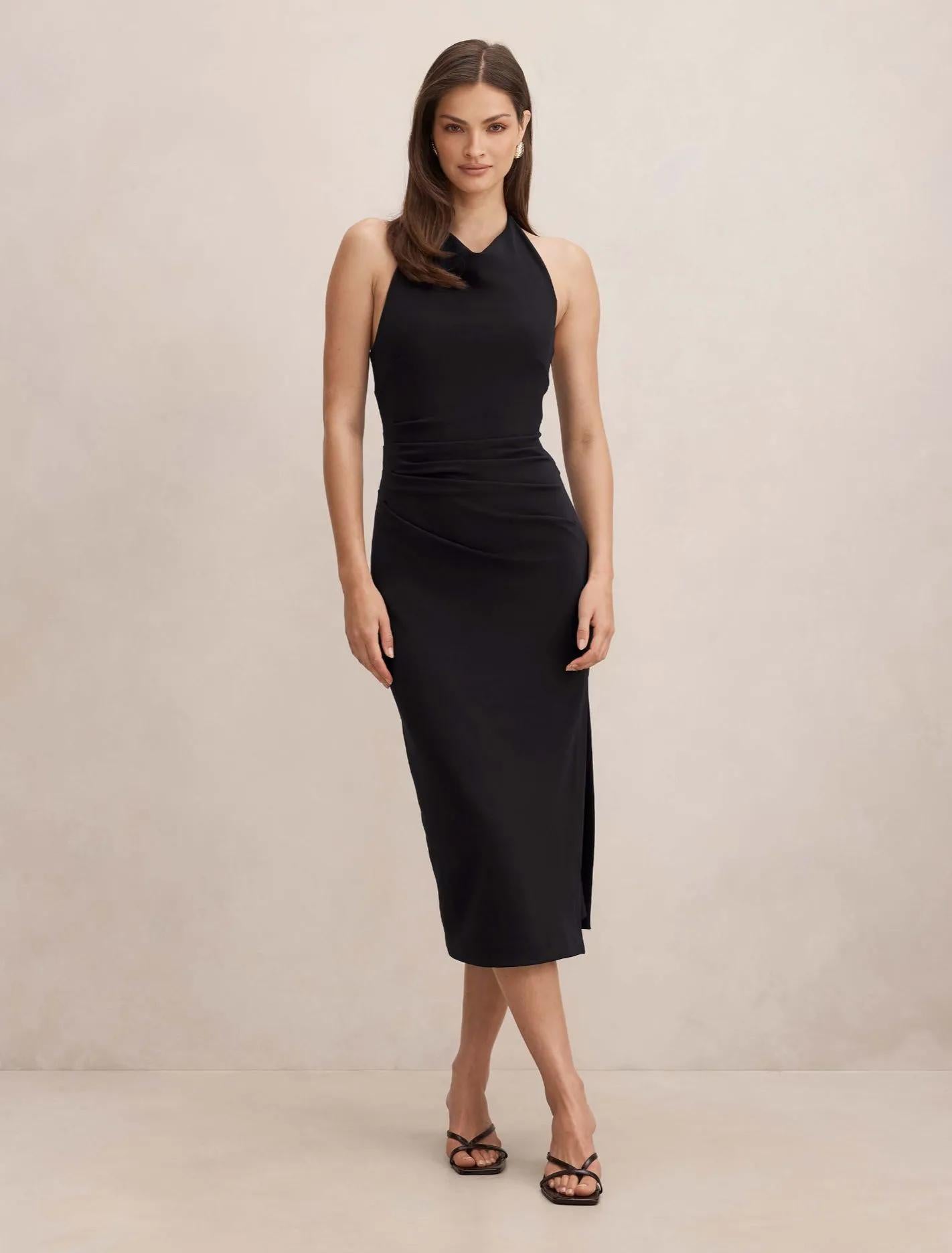 Daphne Halter Column Midi Dress Black