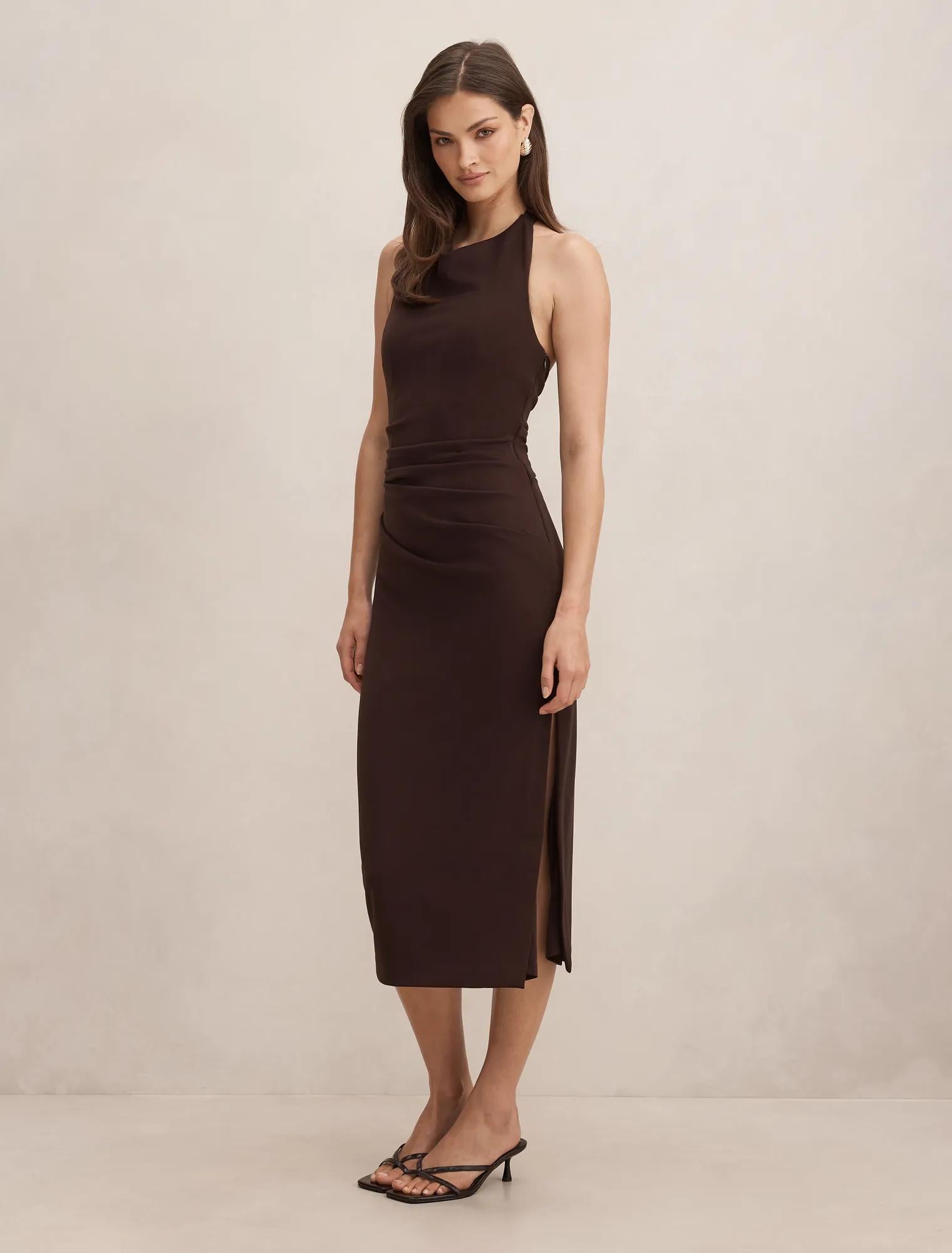 Daphne Halter Column Midi Dress Dark Chocolate