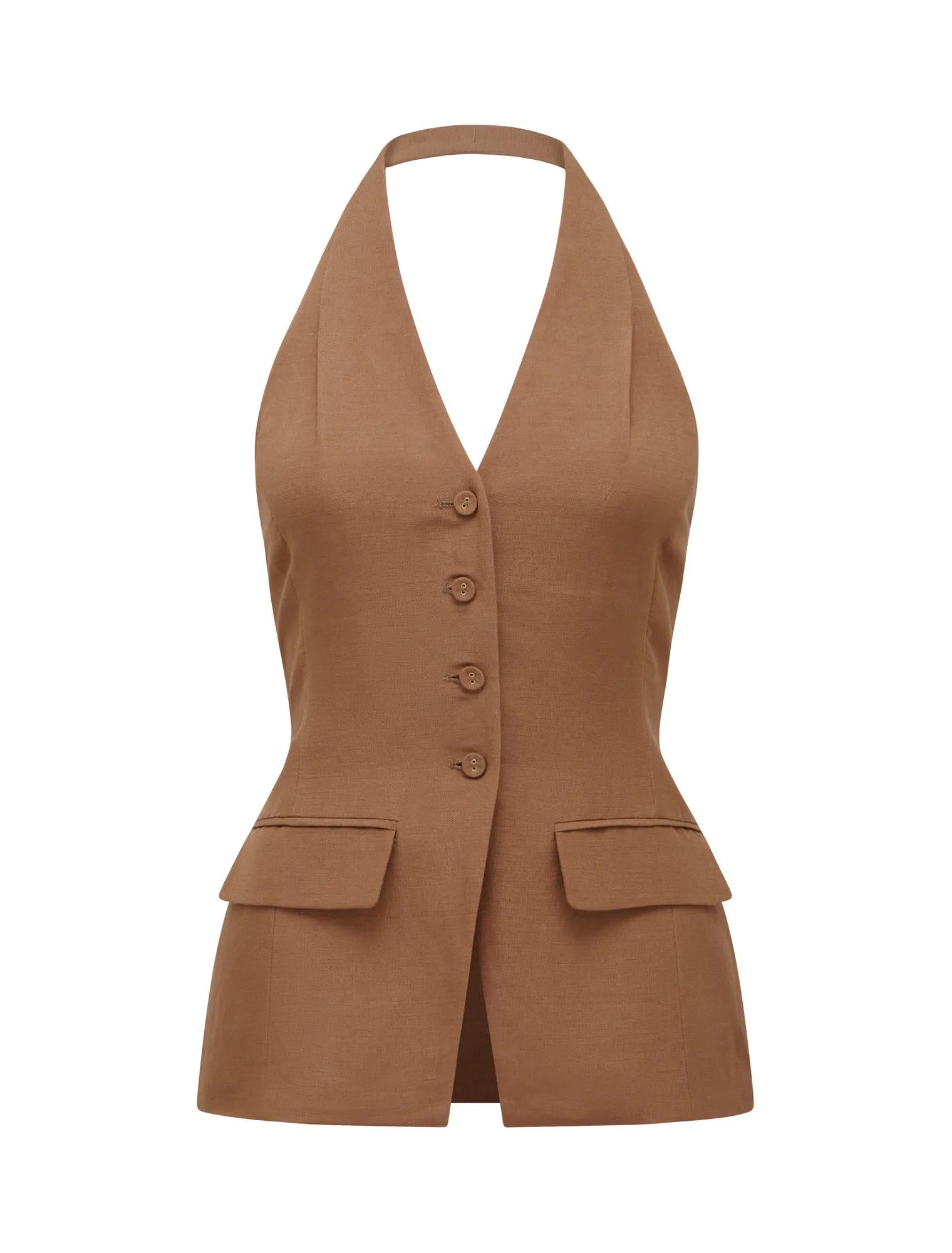 Saxon Petite Halter Waistcoat Toffee Co-ord