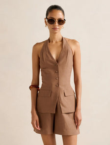 Saxon Petite Halter Waistcoat Toffee Co-ord