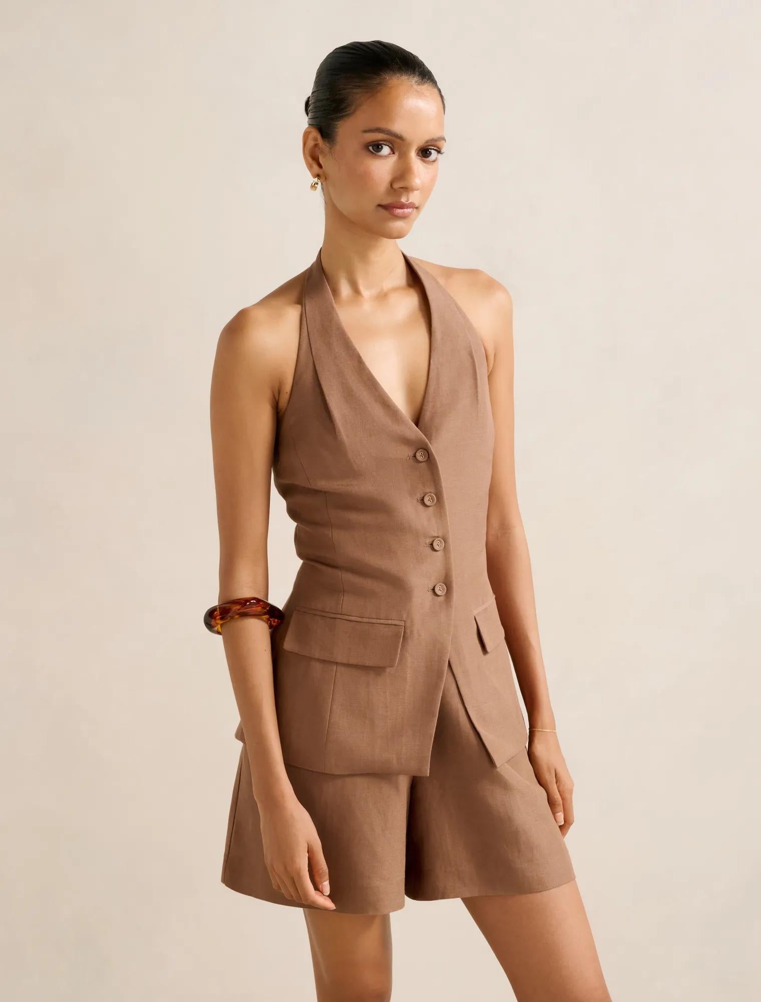 Saxon Petite Halter Waistcoat Toffee Co-ord