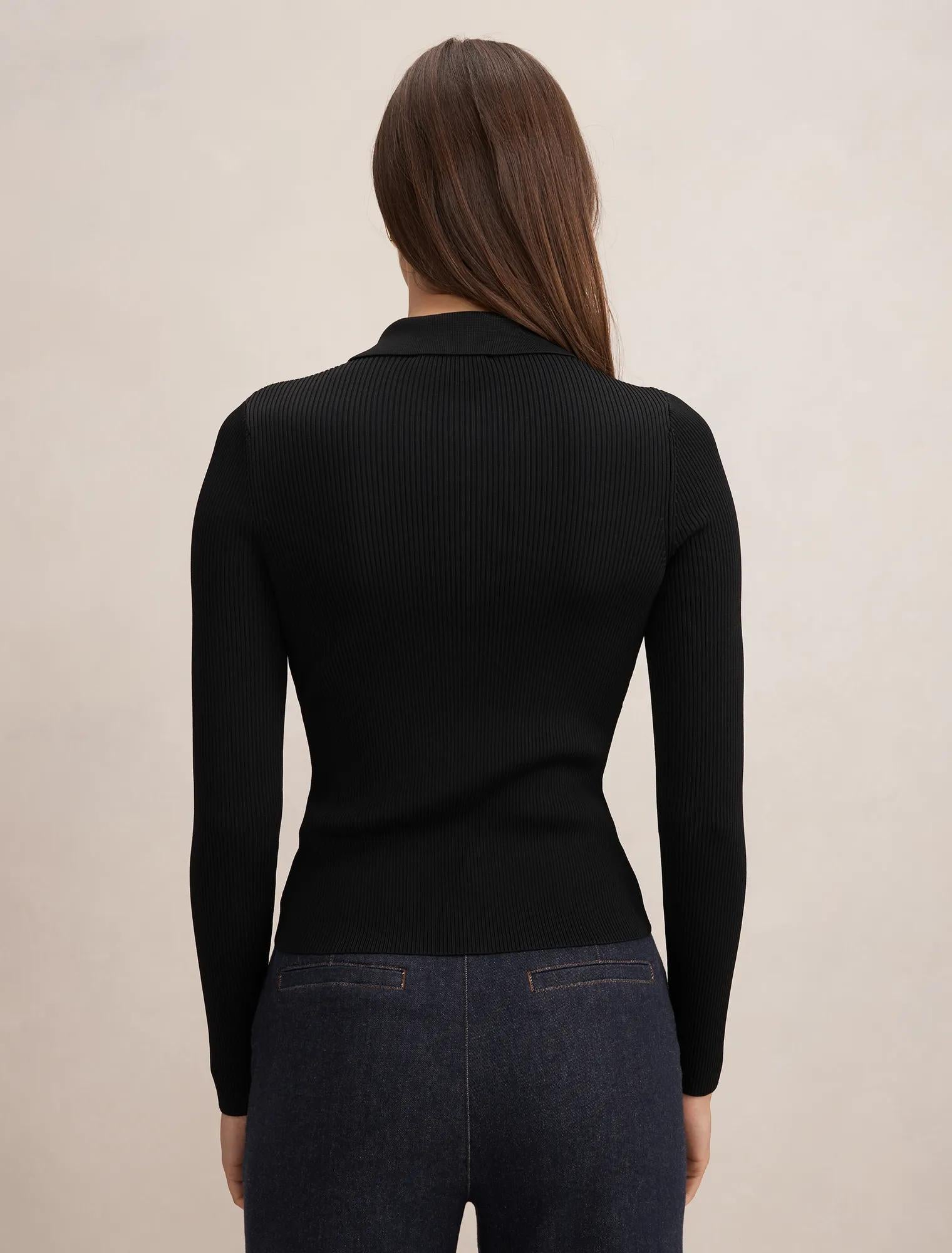 Selina Ribbed Knit Polo Top Black