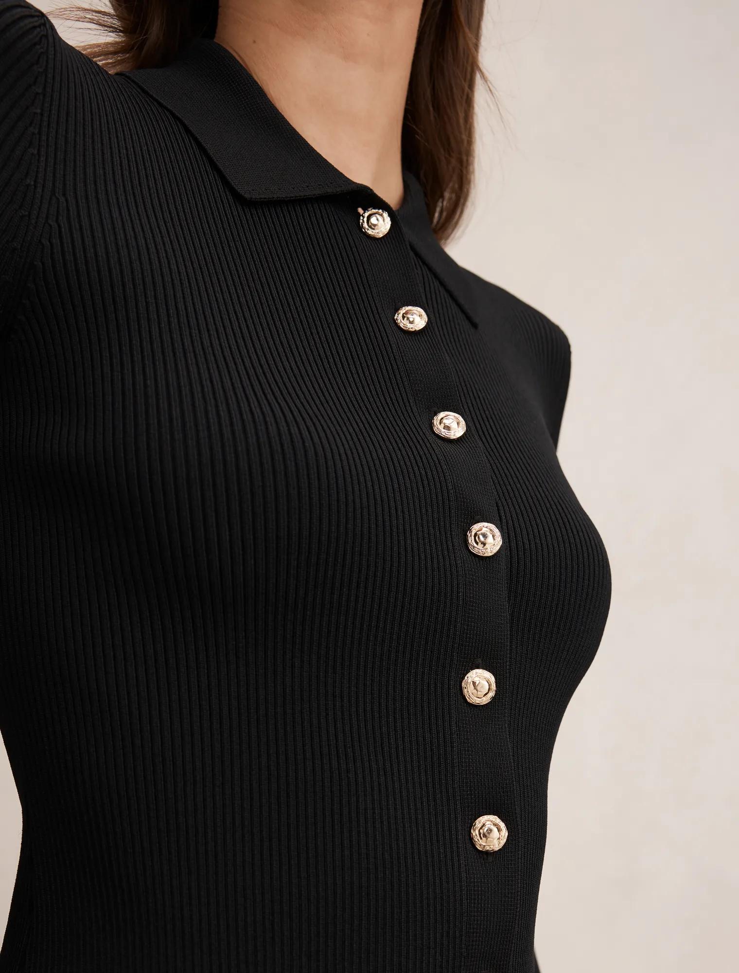 Selina Ribbed Knit Polo Top Black