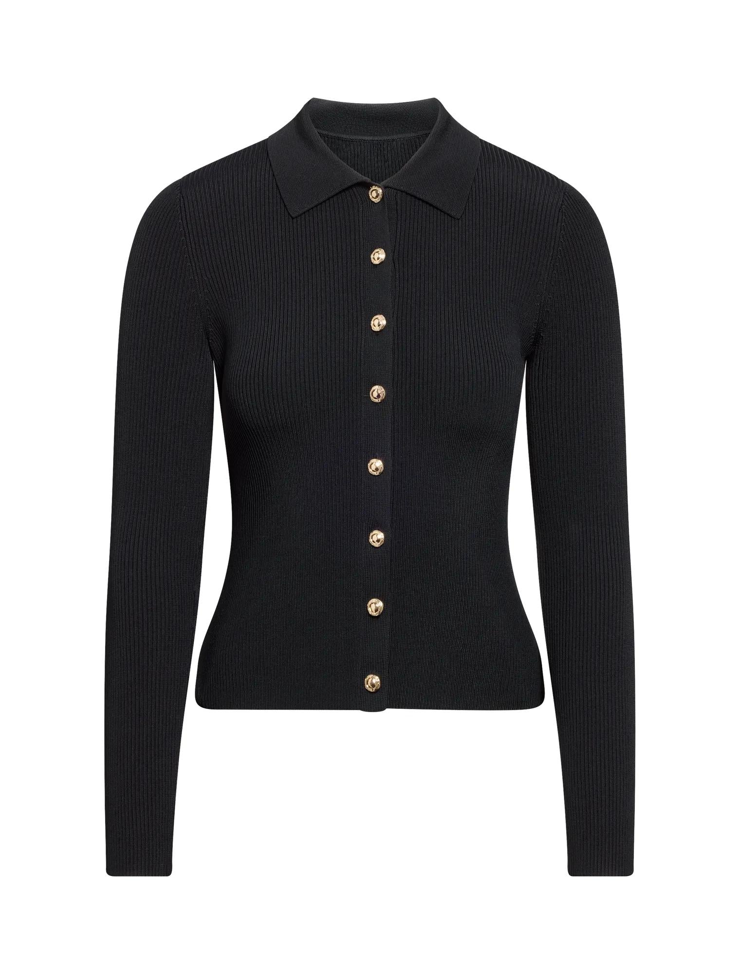 Selina Ribbed Knit Polo Top Black_mannequin