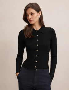 Selina Ribbed Knit Polo Top Black