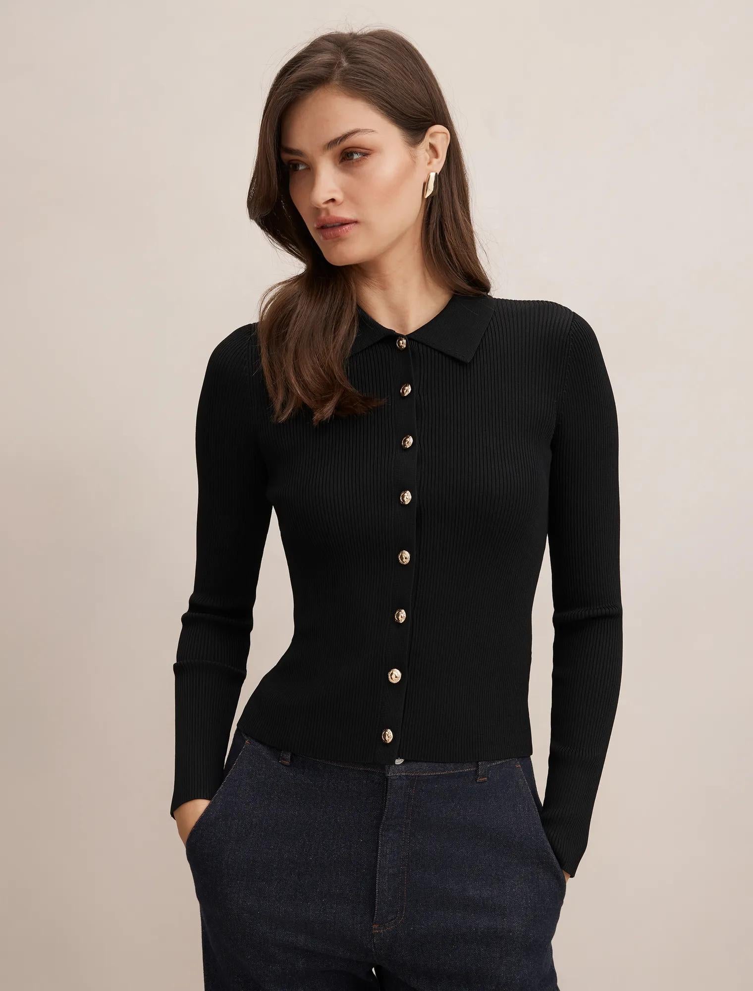 Selina Ribbed Knit Polo Top Black