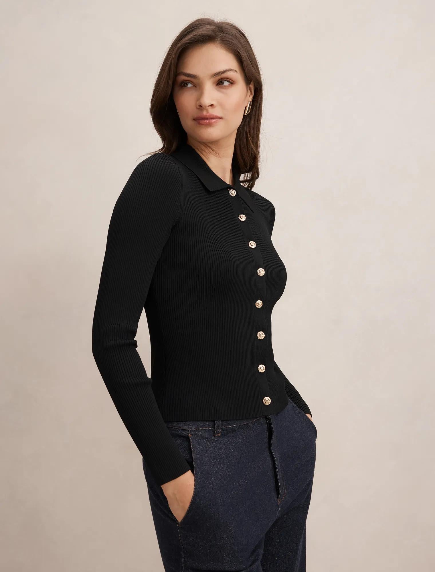 Selina Ribbed Knit Polo Top Black