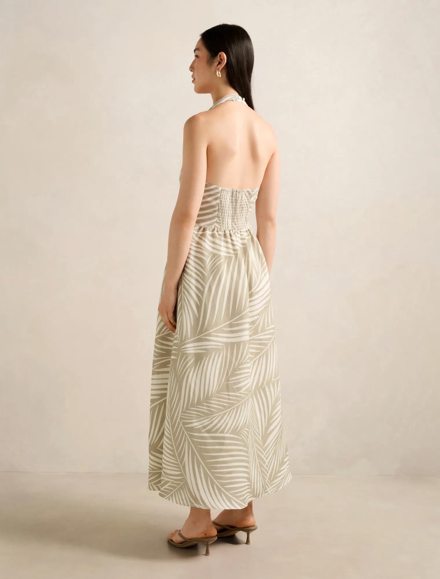 Lilian Wrap Linen Halter Midi Dress Tuxen Leaf
