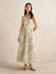 Lilian Wrap Linen Halter Midi Dress Tuxen Leaf