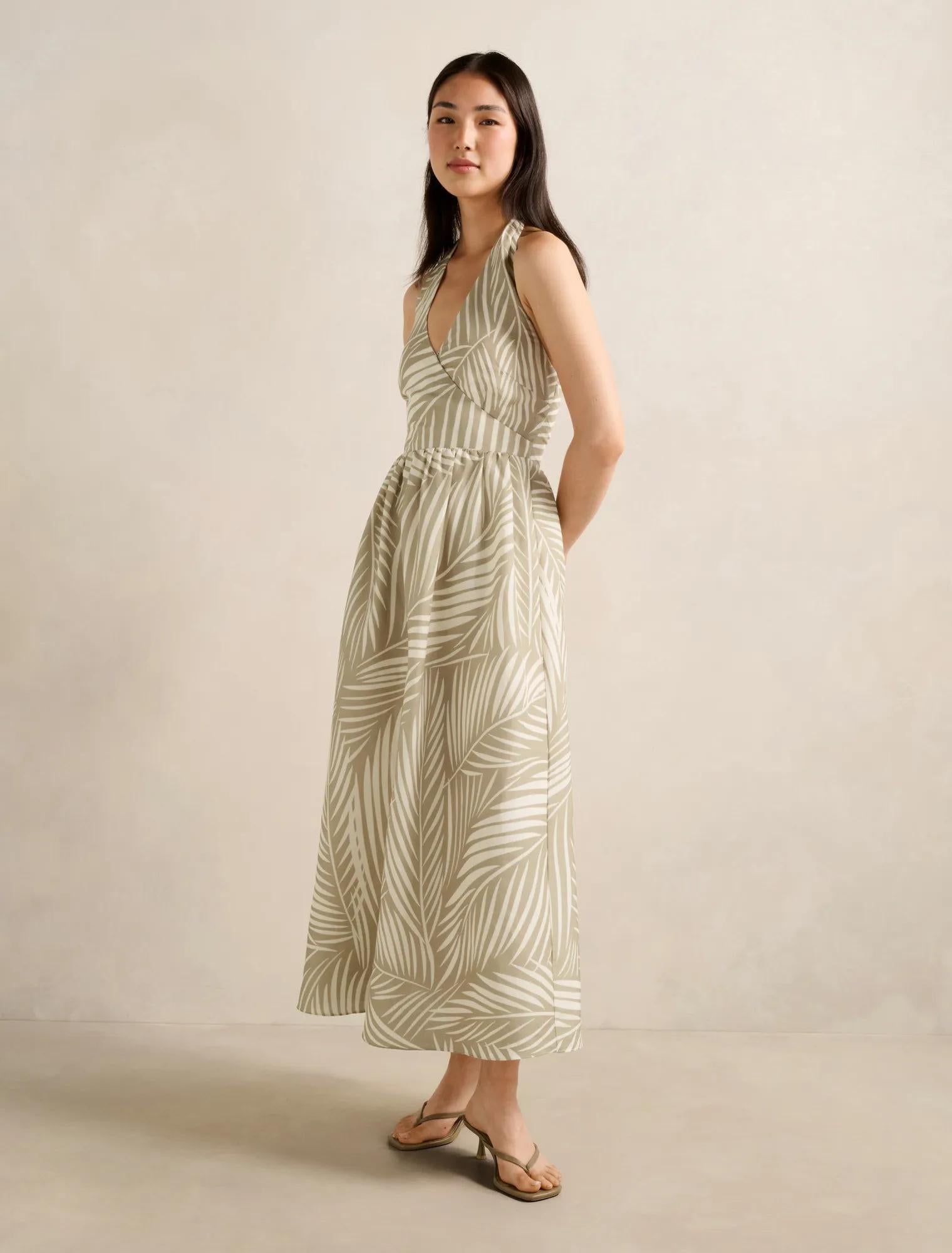Lilian Wrap Linen Halter Midi Dress Tuxen Leaf